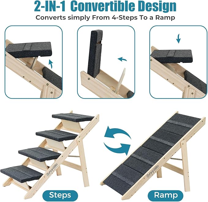 Wood Pet Stairs/Pet Steps for All Dogs and Cats - 2-in-1 Foldable Carpeted 4 Tiers Dog Stairs &amp; Ramp Perfect for Beds and Cars - Portable Dog/Cat Ladder Up to 150 Pounds