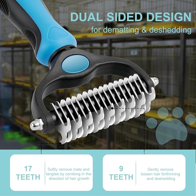Pet Grooming Brush, Double Sided Undercoat Rake for Dogs &amp; Cats, Professional Deshedding Brush and Dematting Tool, Safe and Effective Removing Knots, Mats, Tangles,and Flying Hair (Blue)