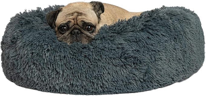 Best Pet Supplies Round Donut Dog Bed with Plush Faux Fur Fabric, Calming, Anti-Anxiety Cushion for Indoor Pets, Slip-Resistant Base, Soft Ergonomic Support - Gray, 27x27x7.5&