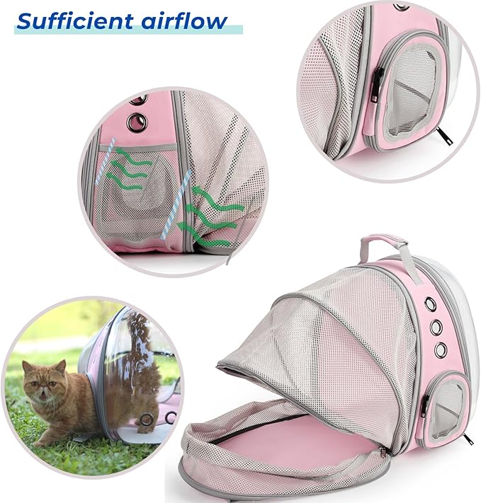Lollimeow Cat Carrier Backpack, Bubble Expandable Backpack Carrier, Pets and Small Dogs,Airline-Approved, Designed for Travel, Hiking, Walking &amp; Outdoor Use (Back Expandable-Pink)