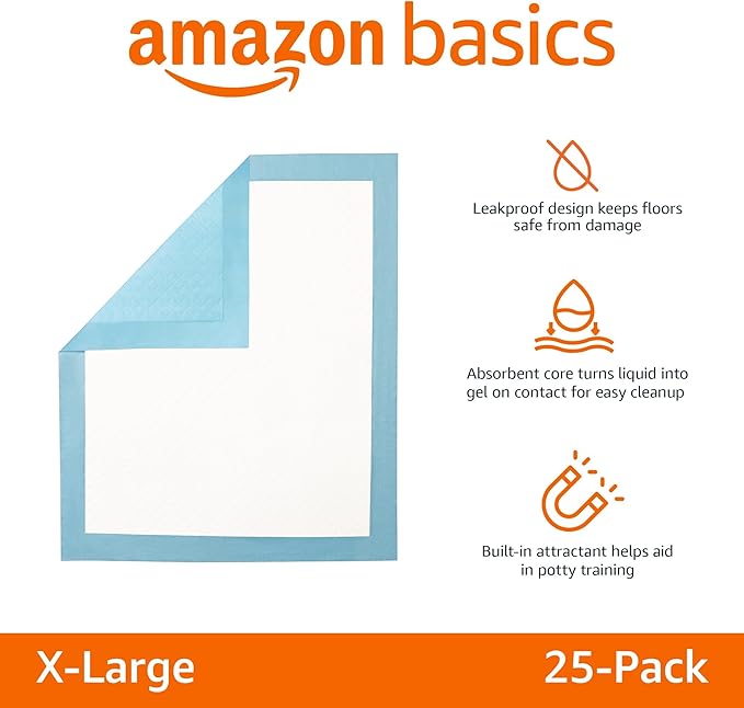 Amazon Basics Dog and Puppy Pee Pads with 5-Layer Leak-Proof Design and Quick-Dry Surface for Potty Training, Heavy Duty Absorbency, X-Large, 28 x 34 Inch - Pack of 25, Blue &amp; White
