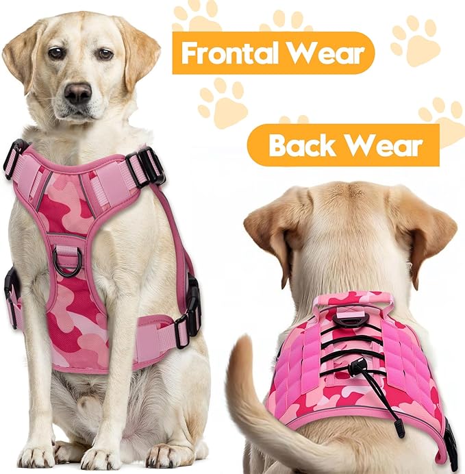 Heavy-Duty Tactical Dog Harness for Large Dogs, No Pull Adjustable Reflective Pet Vest with Molle System, K9 Military-Grade Control for Service Training, Outdoor &amp; 10+ Breeds, Pink Camo, Large