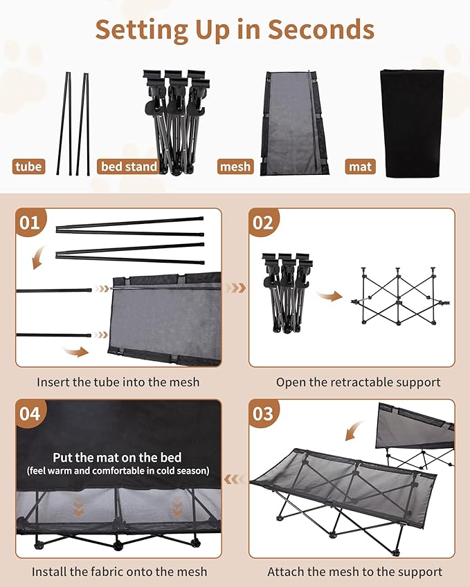 KingCamp Elevated Dog Bed for Large Dogs, Outdoor Raised Cooling Pet Cot Bed with Washable Breathable Mesh &amp; No-Slip Feet Perfect for Camping, Backyard, Indoor Use (Large, Black)