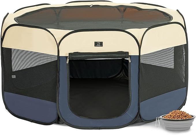 A 4 Pet Portable Dog Playpen, 49” Playpen for Dogs with Bowl, Suitable for Puppies, Kittens, and Small Animals, Removable Zipper &amp; Mesh Panel(19”W × 12”H)