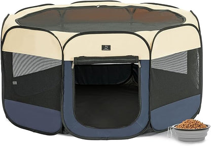 A 4 Pet Portable Dog Playpen, 49” Playpen for Dogs with Bowl, Suitable for Puppies, Kittens, and Small Animals, Removable Zipper &amp; Mesh Panel(19”W × 12”H)
