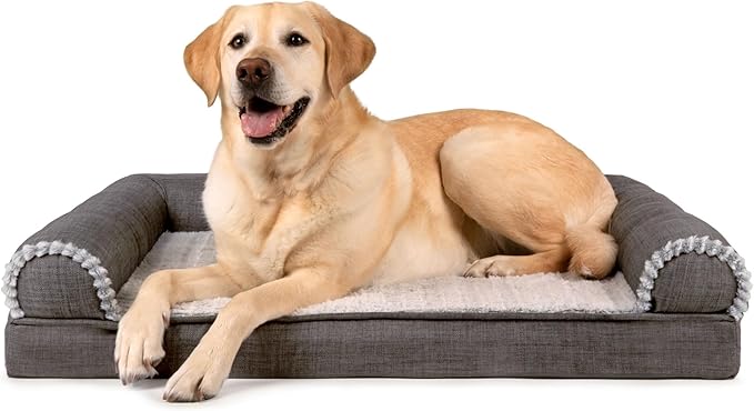 Furhaven Orthopedic Dog Bed for Large/Medium Dogs w/ Removable Bolsters &amp; Washable Cover, For Dogs Up to 55 lbs - Luxe Faux Fur &amp; Performance Linen Sofa - Charcoal, Large