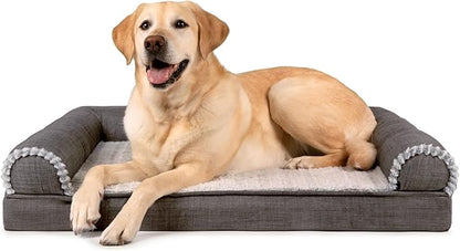 Furhaven Orthopedic Dog Bed for Large/Medium Dogs w/ Removable Bolsters &amp; Washable Cover, For Dogs Up to 55 lbs - Luxe Faux Fur &amp; Performance Linen Sofa - Charcoal, Large