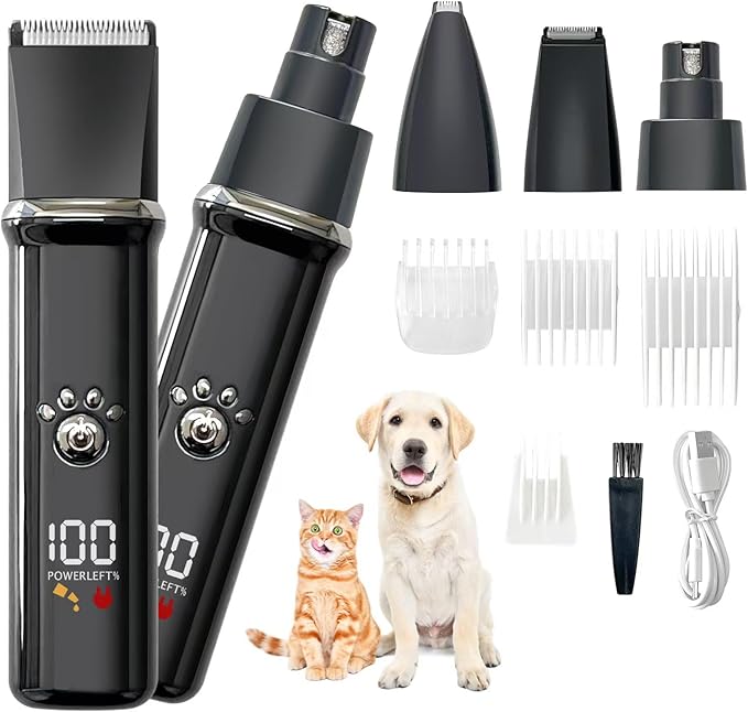 Dog Clippers Grooming Kit - Low Noise, Cordless Electric Trimmer with Nail Grinder for Dogs &amp; Cats, 4 in 1 Rechargeable Clippers for Paws, Ears, Face and Matted Hair (Black)