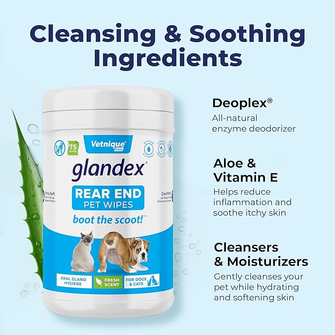 Vetnique Labs Glandex Dog Wipes for Pets Cleansing &amp; Deodorizing Anal Gland Hygienic Dog &amp; Cat Wipes with Vitamin E, Skin Conditioners and Aloe (75ct)