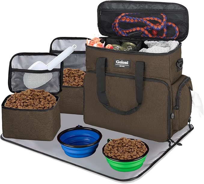 Dog Travel Bag Airline Approved–Pet Travel Tote with Collapsible Bowls,Food Containers &amp; Feeding Mat–Multi-Pocket Organizer for Dogs &amp; Cats, Durable &amp; Water-Resistant for Hiking,Trips,Outdoors