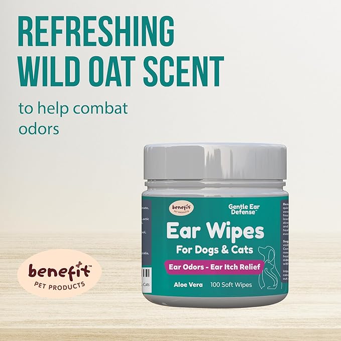 Benefit Pet Products Dog Ear Wipes - Ear Cleaner for Dogs to Prevent Infections, Itching &amp; Odor - Aloe &amp; Eucalyptus, Grooming Wipes - 100 Count
