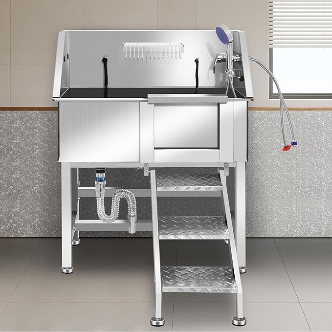 Professional Stainless Steel Dog Bathing Station, Dog Grooming Tub, with Stairs, Floor Grate &amp; Faucet for Dog Bathtub for Large, Medium &amp; Small Pets,34" R-RAMP