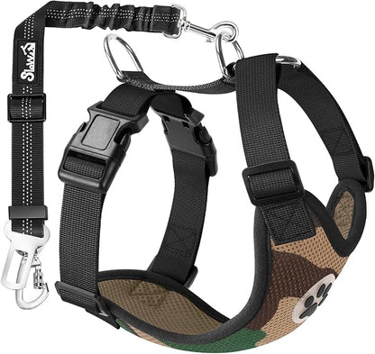 SlowTon Dog Seat Belt Harness for Car, Dog Car Harness Adjustable Mesh Breathable &amp; Dog Seatbelt Safety Tether with Elastic Bungee for Small Medium Large Pets(Camouflage, Double Clip, S)