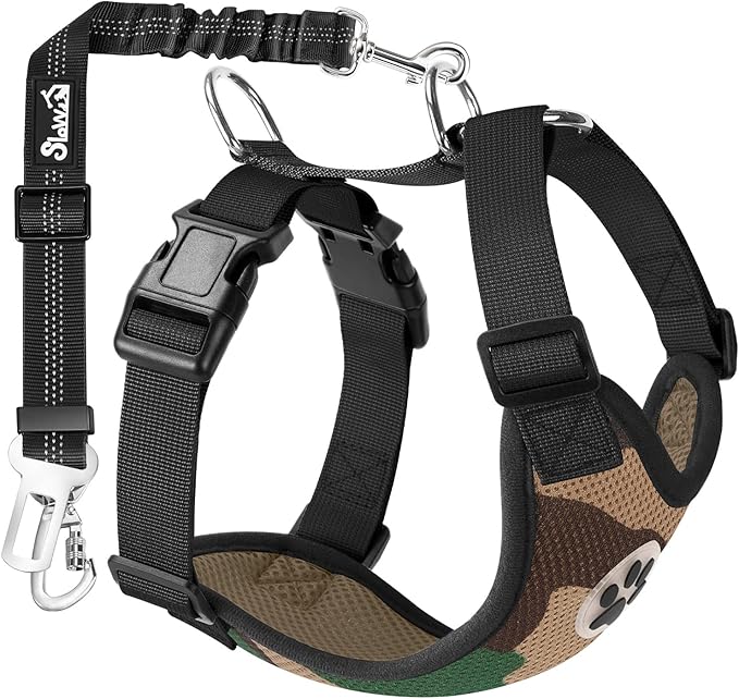 SlowTon Dog Seat Belt Harness for Car, Dog Car Harness Adjustable Mesh Breathable &amp; Dog Seatbelt Safety Tether with Elastic Bungee for Small Medium Large Pets(Camouflage, Double Clip, XXXS)