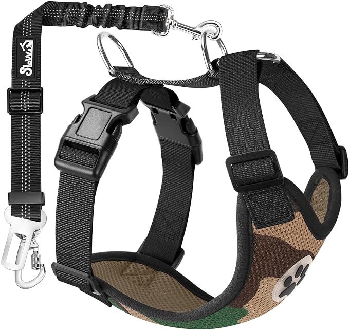 Lukovee Dog Seat Belt for Car, Adjustable Dog Car Harness for Large Medium Small Dogs, Soft Padded &amp; Breathable Mesh Dog Seatbelt with Car Strap and Carabiner(Camouflage Double Clip,Medium)