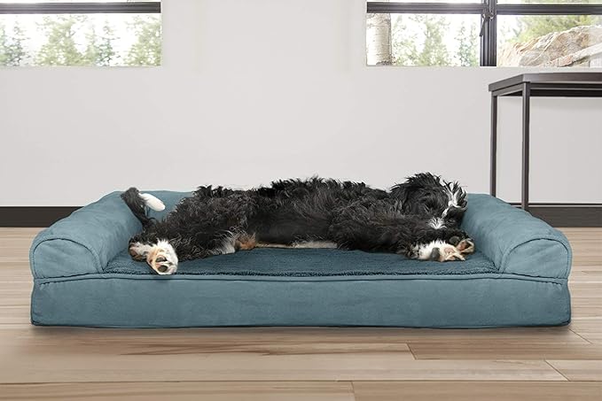 Furhaven Cooling Gel Dog Bed for Large/Medium Dogs w/ Removable Bolsters &amp; Washable Cover, For Dogs Up to 55 lbs - Plush &amp; Suede Sofa, Large
