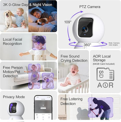 3K Pet/Dog Camera Indoor w/Phone App, No Monthly Fee 64GB Local Storage &amp; AI Tracking Face ID, 2.4/5GHz WiFi Cameras for Home Security Baby Monitor, Pan/Tilt, 2-Way Talk