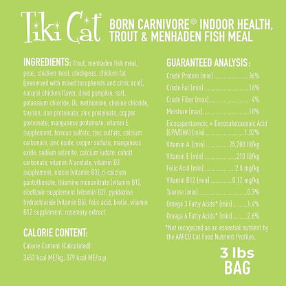 Tiki Cat Born Carnivore Indoor Health Dry Cat Food, Trout &amp; Menhaden Fish Meal, 3 lbs. Bag