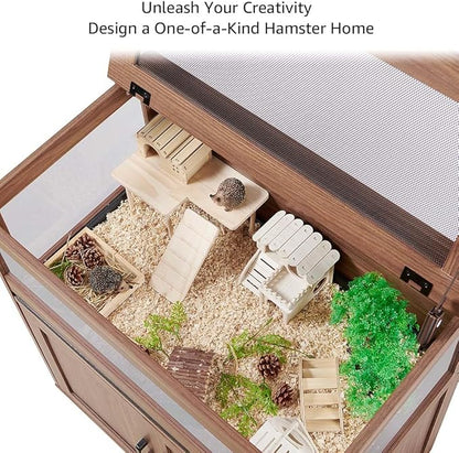 unipaws Hedgehog Cage with Storage Cabinet, Hamster Cage for Rat and Guinea Pigs, Clear Transparent PVC Visual Small Animal Cage with Tray, Hamster Enclosure, Walnut