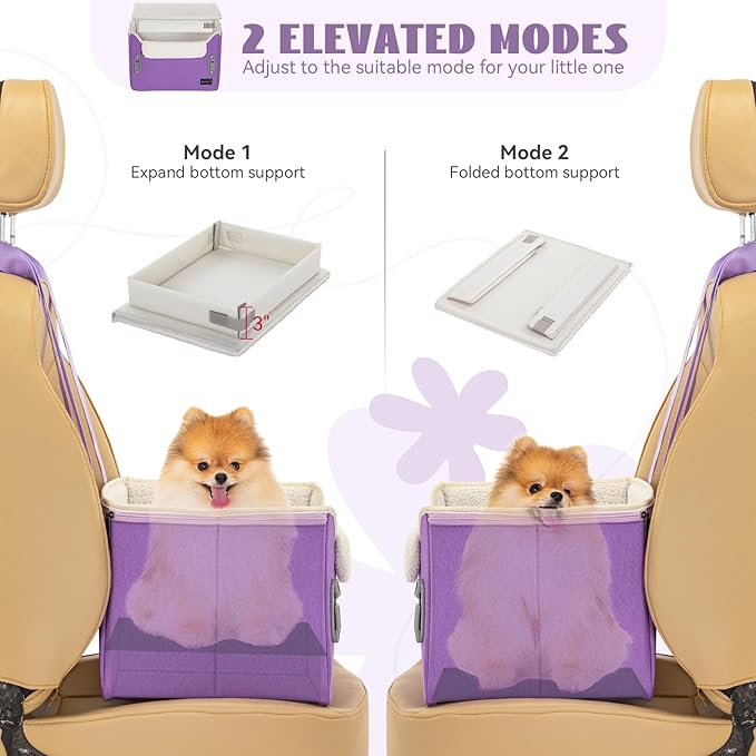 PETSFIT Small Dog Car Seat, Patent Safe Buckles Dog Booster Car Seat, Dogs Carseat with Safety Belt, Suitable for Small Pets Up to 25lbs (Purple)