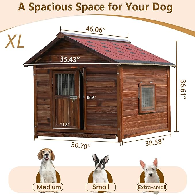 Luxury Dog House Outdoor&amp;Indoor Weatherproof, Wooden Dog House for for Garden Backyard, Natural Pine Wood Pet House Outside, Waterproof Dog Kennel, XL
