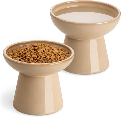 vancasso Ceramic Elevated Cat Bowls 2-Pack - 6.2" Extra Wide Raised Cat Food &amp; Water Dishes, 5.1" Optimal Height Anti-Whisker Fatigue Shallow Bowls for Cats/Kittens/Dogs, Lead &amp; Cadmium Free (Brown)