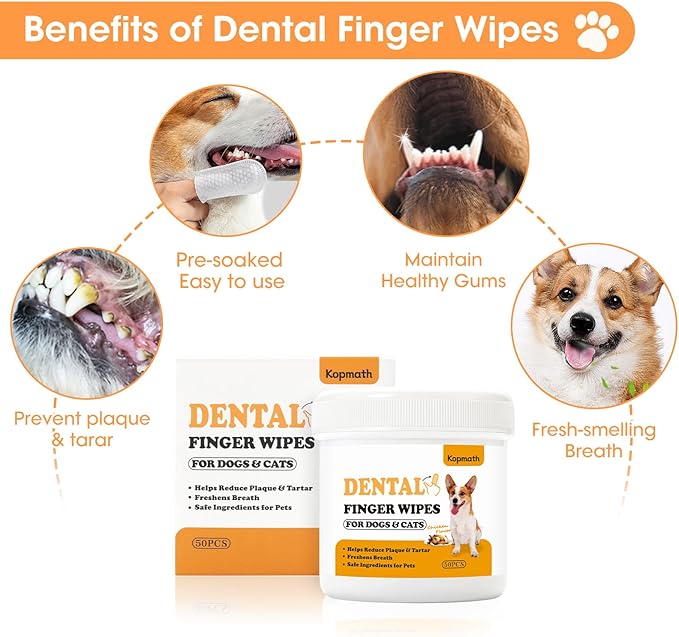Teeth Cleaning Finger Wipes, Dog Dental Wipes, Reduce Plaque &amp; Tartar, Freshen Breath, Safe &amp; Natural Pet Dental Wipes for Dogs Teeth, Portable Dog Tooth Wipes for Cats,50 Ct, Chicken Scent