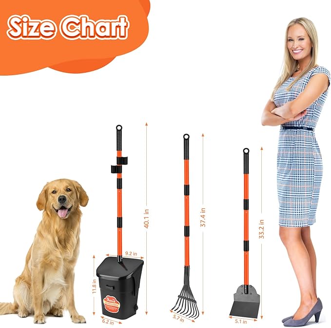 SlowTon Dog Pooper Scooper - 37.4" Long Handle Adjustable Metal Swivel Bin &amp; Rake &amp; Spade Kit with 20 Waste Bags, Portable Pooper Scooper for Gravel Lawn Grass, Suit for Small Medium Large Dog