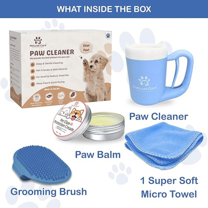 Dog Paw Cleaner for Small &amp; Medium Dogs – Portable Paw Washer Cup with Soft Silicone Brush, Towel &amp; Moisturizing Balm – Gently Cleans Muddy Paws After Walks (Blue, Small)