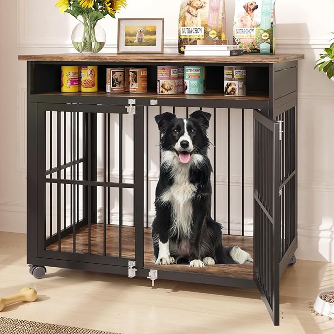 39.4" Dog Crate Furniture for Medium and Large Breed, Dog Kennel Furniture with Storage Shelf &amp; Lockable Wheels, Heavy Duty Wooden End Side Table Pet Cage Indoor, Chew-Resistant, Brown
