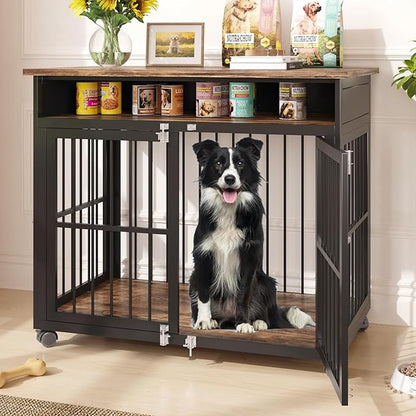 39.4" Dog Crate Furniture for Medium and Large Breed, Dog Kennel Furniture with Storage Shelf &amp; Lockable Wheels, Heavy Duty Wooden End Side Table Pet Cage Indoor, Chew-Resistant, Brown