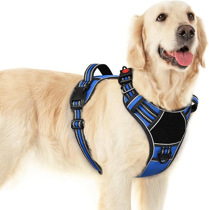Eagloo Dog Harness for Large Dogs, Easy Wearing with 3 Buckles, Adjustable No Pull Pet Harness with 2 Rings for Walking, No Chock Reflective Soft Padded Vest with Control Handle, Blue &amp; Black, L