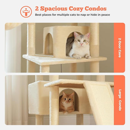 Large Cat Tree for Big Cats &amp; Multi-Cat Homes, 81 Inch Tall Cat Tower with Sturdy Metal Hammock, 6 Sisal Scratching Posts, 2 Cozy Condos, 2 Top Perches - Multi-Level Cat Tower, Beige