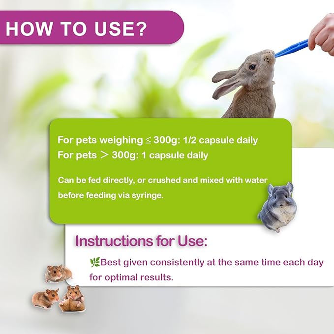 Digestive Support for Rabbits - High Fiber Probiotics, GI Stasis Prevention, Promote Gut Motility, Critical Care Herbivore Supplement, Rabbit &amp; Guinea Pig Treats/Food, 36 Capsules