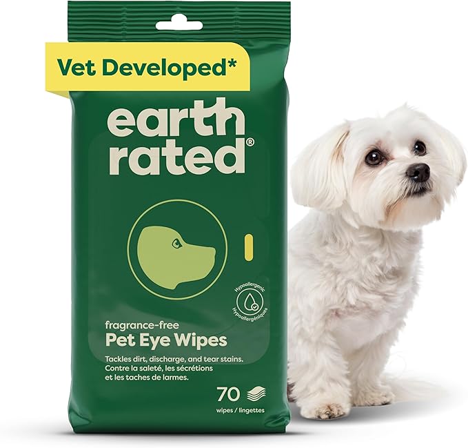 Earth Rated Vet-Developed Pet Eye Wipes, Hypoallergenic Cleaner for Dogs &amp; Cats Eyes to Remove Dirt &amp; Discharge, Fragrance Free, 70 Count