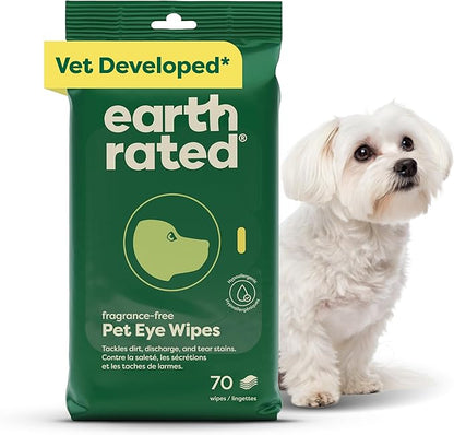 Earth Rated Vet-Developed Pet Eye Wipes, Hypoallergenic Cleaner for Dogs &amp; Cats Eyes to Remove Dirt &amp; Discharge, Fragrance Free, 70 Count