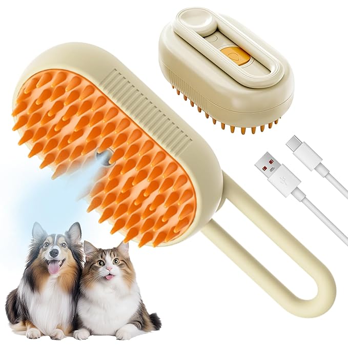 LunaSync Cat Steam Brush for Shedding, 4 in 1 Rechargeable Pet Grooming Brush for Cats and Dogs, Anti-Static Deshedding Tool with Massage &amp; Cleaning, Comb for Long Short Hair - Beige