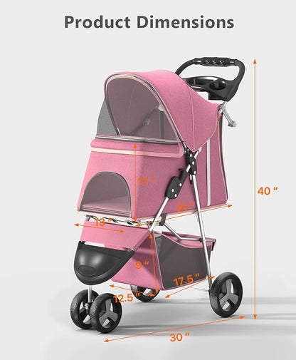Pet Stroller with 3 Wheels for Small/Medium Pets, Portable Travel Foldable Carrier Jogger for Dog Cat Puppy Kitty, Rear Wheel Breaks, Storage Basket, Visible Mesh with Weather Cover (Pink)