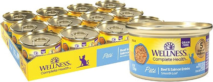 Wellness Complete Health Pate Adult Wet Cat Food, Natural, Protein-Rich, Grain Free, 3 Ounce, 24 Pack, (Beef &amp; Salmon)
