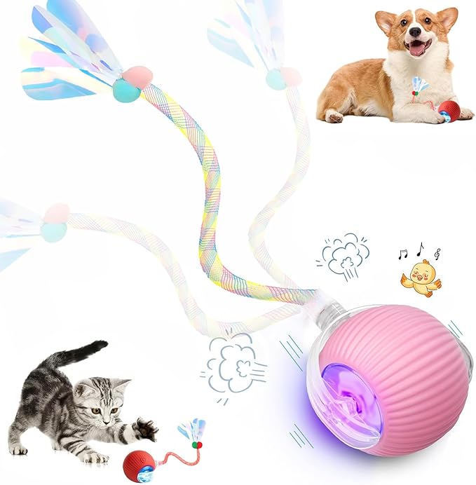 Speed 2.0 Tail Interactive Cat Toys for Indoor Cats, Chirping &amp; Motion Activate Ca t Toy, Smart Kitten Rolling Ball Moving Ball Toys, Rechargeable Dog Cat Bal l for Enrichment Exercise (Pink)