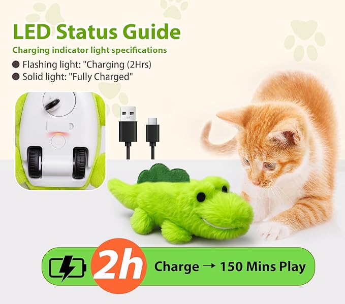 Interactive Cat Toys for Indoor Cats - Automatic Moving Cat Chase Toy for Bored Indoor Adult Cats - 360° Random Movement, Tail Wagging &amp; Catnip Stimulation - Electric Croc(Long Plush)
