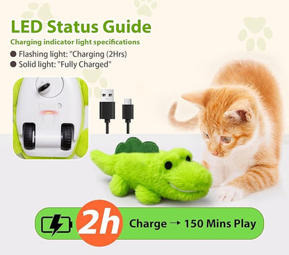 Interactive Cat Toys for Indoor Cats - Automatic Moving Cat Chase Toy for Bored Indoor Adult Cats - 360° Random Movement, Tail Wagging &amp; Catnip Stimulation - Electric Croc(Long Plush)