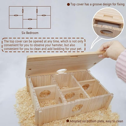 kathson Multi-Chamber Hamster Maze House,Wooden Syrian Hamster Maze Hideout,Small Pets Habitats Decor,6-Room Hideouts &amp; Tunnel Exploring Toys for Dwarf Hamsters,Gerbils,Mice,Lemmings,Mouse