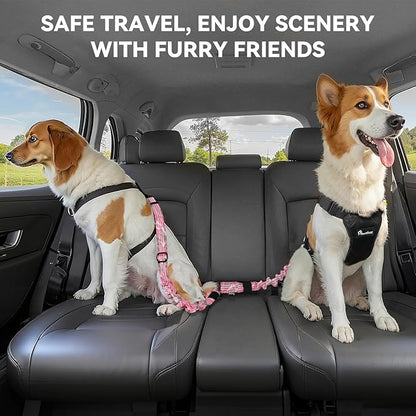 Pawaboo 2Pack Dog Seatbelt for Car, Dog Car Seat Belt Bungee, Dogs Tether for Cars with Buckle &amp; Hook Latch, Adjustable Reflective Dogs Cars Harness Leash with 360° Lockable Buckle, Pink Camouflage