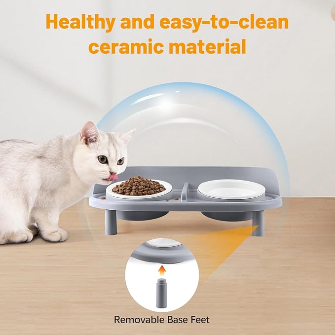 Elevated Cat Bowls, Tilted Rised Cat Food and Water Bowl with 2 Pcs Ceramic Pet Bowls, Rised Stand, Pet Dish Anti Vomiting Feeding Station for All Sized Cats &amp; Small Dogs (Grey)