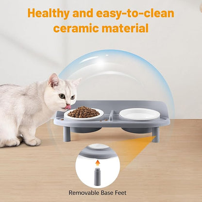 Elevated Cat Bowls, Tilted Rised Cat Food and Water Bowl with 2 Pcs Ceramic Pet Bowls, Rised Stand, Pet Dish Anti Vomiting Feeding Station for All Sized Cats &amp; Small Dogs (Grey)