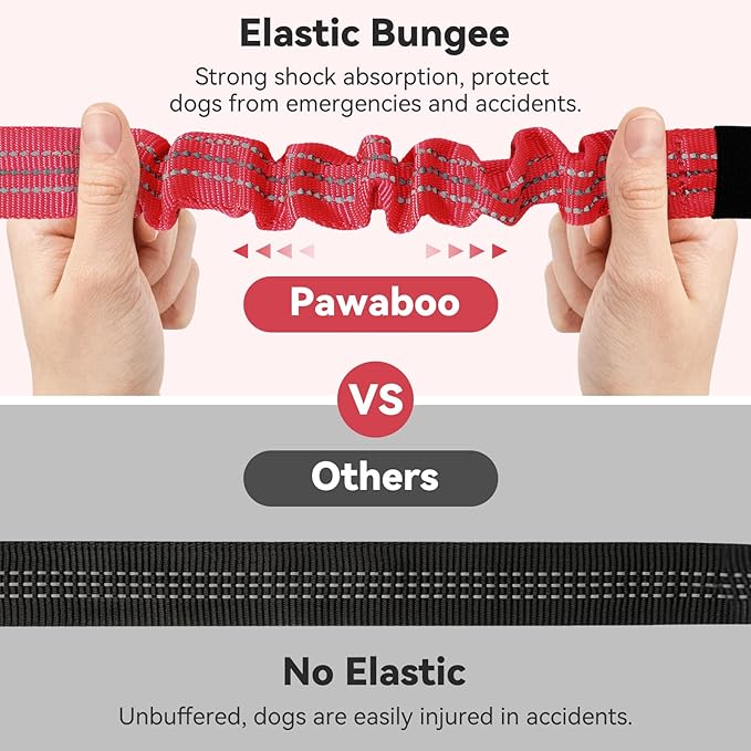 Pawaboo Dog Seatbelt for Car, 3-in-1 Dog Seat Belt Bungee, Shockproof Dogs Tether for Car with Buckle &amp; Hook Latch, Adjustable Reflective Dogs Cars Harness Leash with 360° Lockable Buckle, Red