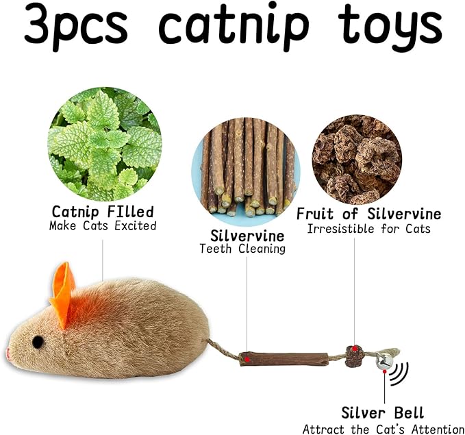 Cat Toys for Indoor Cats, 3Pcs Large 8.9" Plush Mouse Kitten Toys with Bell Tail Sound, Organic Catnip with Silvervine, Individually Packaged Dental Chew Matatabi for Exercise &amp; Oral Health