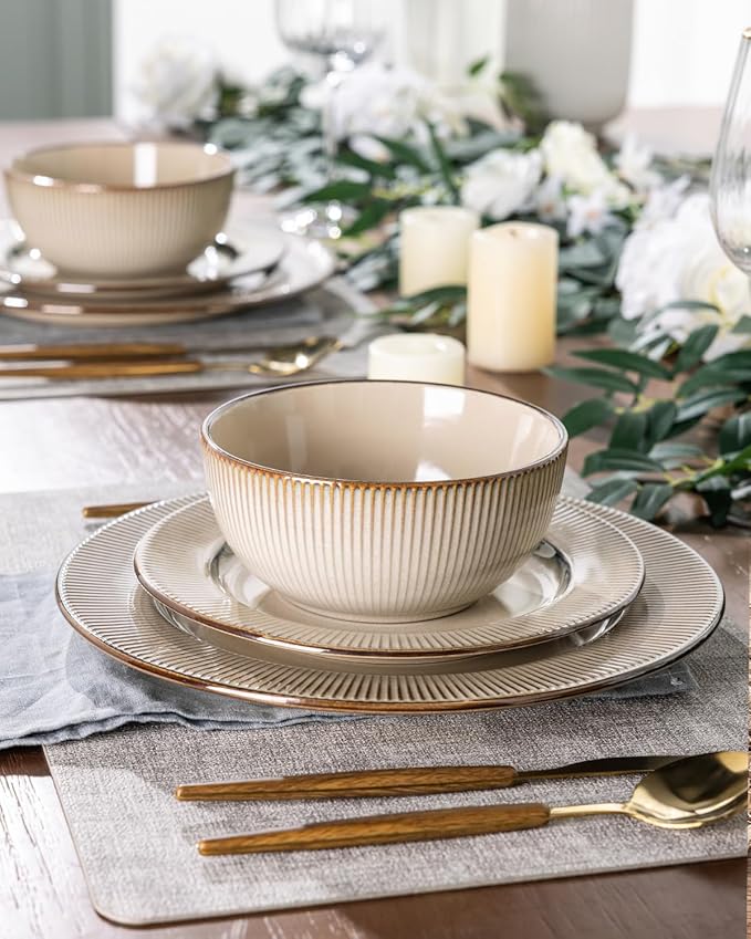 GBHOME Ceramic Dinnerware Sets,12 pcs Embossed Elegant Stoneware Plates and Bowls Sets, Housewarming Wedding Gift | Dishwasher &amp; Microwave Safe | Dishes Set Service for 4