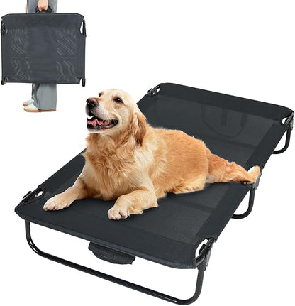 Elevated Dog Bed for Large Pet with No-Slip Feet, Foldable Portable Washable Raised Bed for Indoor&amp;Outdoor Camping Dog Cot, with Cooling Waterproof Breathable Mesh (Large, Black-Textilene)
